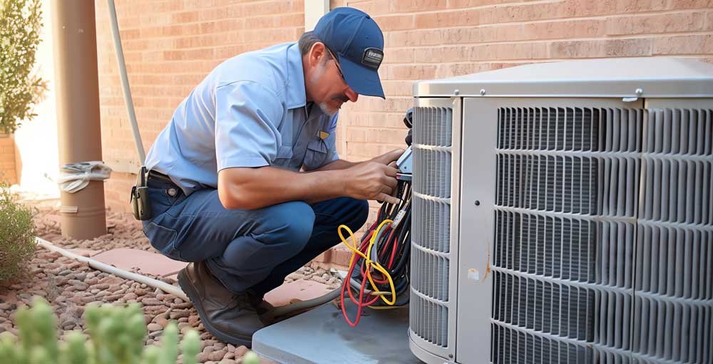 HVAC Worker Performing Heat Pump Maintenance.
